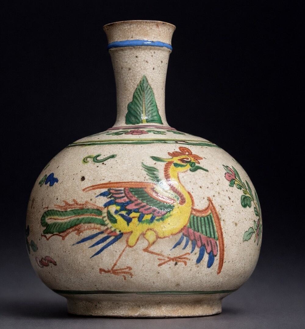 Chinese Phoenix Bottle Vase Crackle Glaze Famille Rose Style Floral Vtg Decor